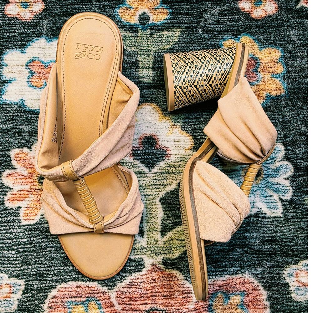 Frye & Co. Tan Pink Suede Woven Block Heel Sandals Size 8M Boho Festival Western